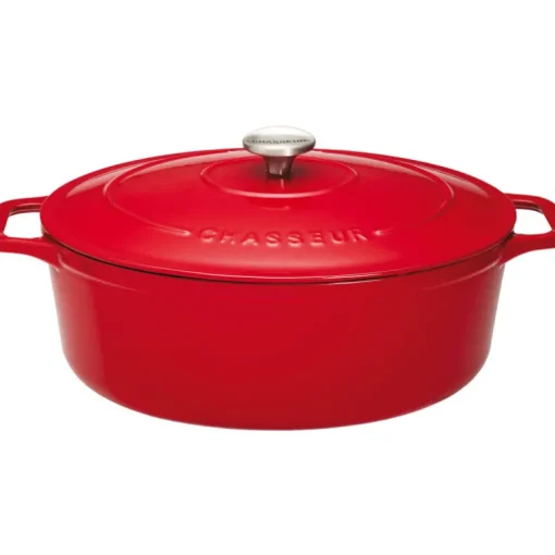 Le Chasseur cocotte ovale avec couvercle rouge 31 x 26 cm