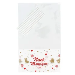 Lot sachets motif Noël Magique + liens - 14 x 23 cm (x10)