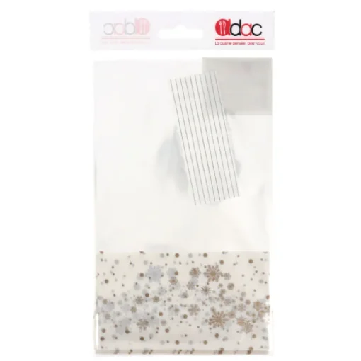 Sachets bonbons flocons dorés + liens - 14 x 23 cm (x 10)